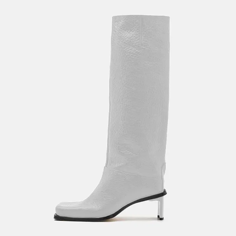 New Fashionable Square Head High Heels Women\'s Knee Length Boots with Side Zipper Stone Pattern Women\'s Mid Length Boots