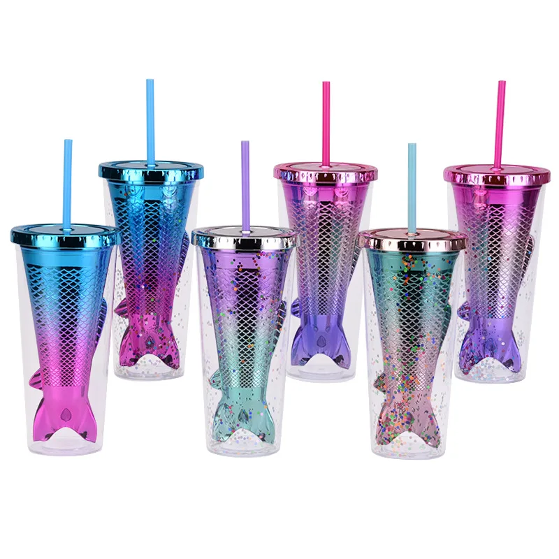 

Creative Double Layer Straw Cup Sequined Glitter Cup Colorful Coffee Juice Straw Mug Mermaid Shaped Cup with Straw and Lids