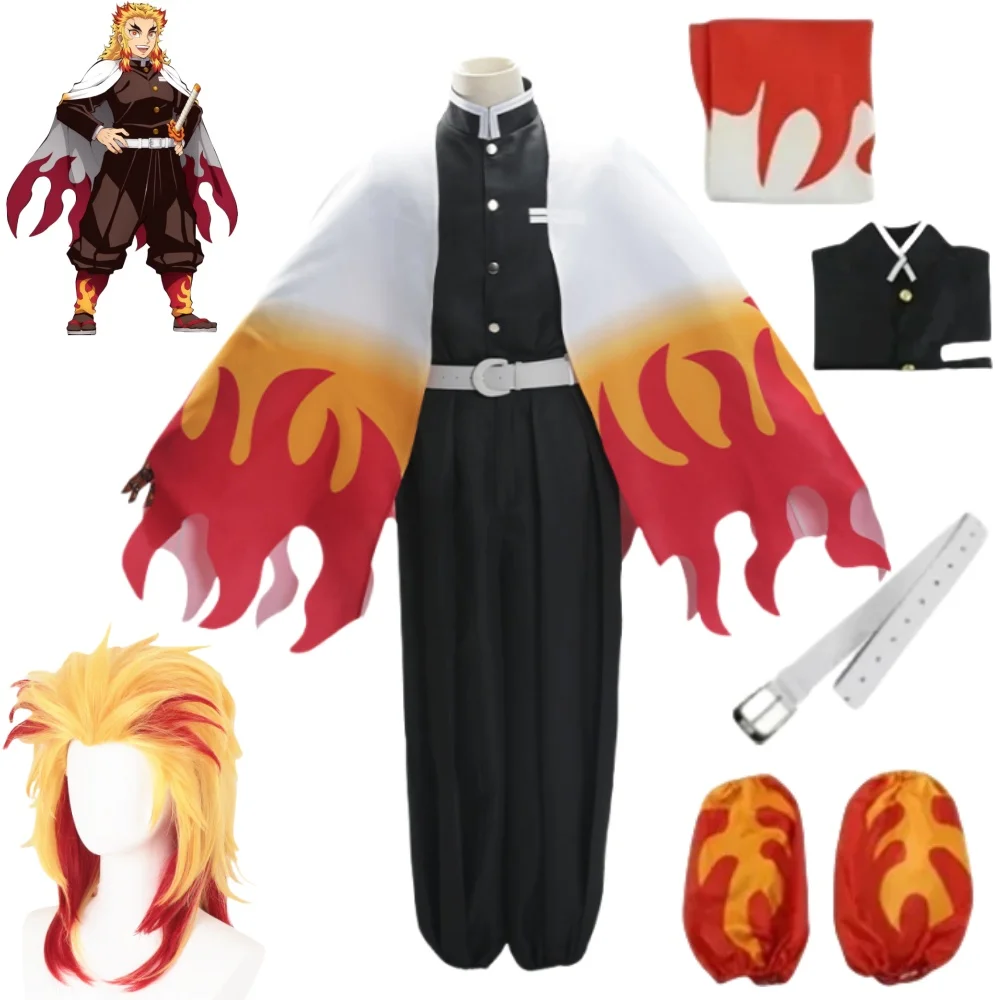 Disfraz de Rengoku Kyoujurou, disfraz de Anime Demon Slayer, peluca, accesorios para capa, fiesta de Carnaval de Halloween para hombres guapos