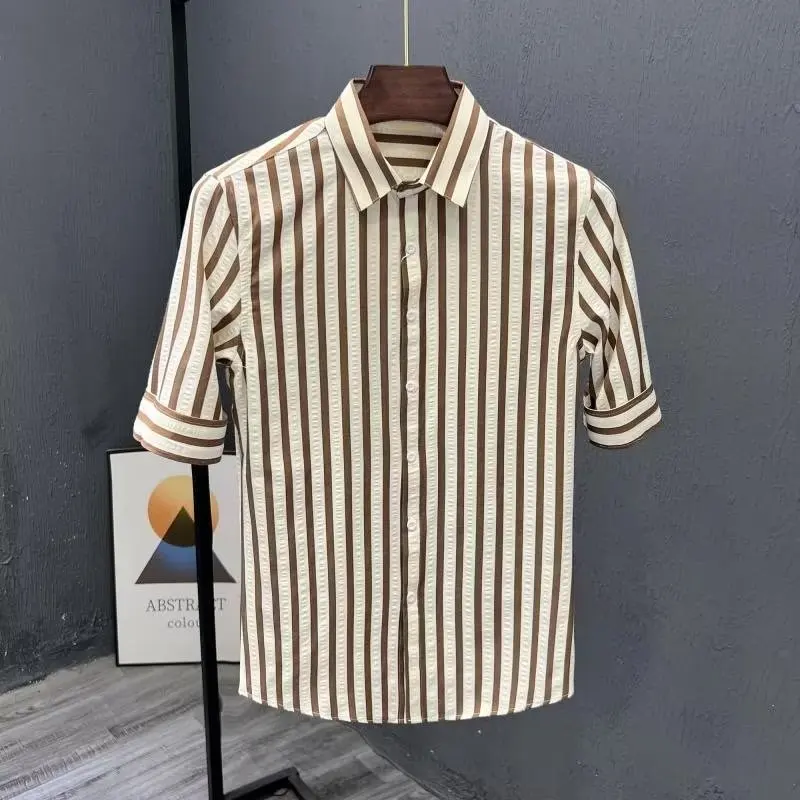 

Ice Silk Stripe ort Sve irt Summer Lightweight Luxury Trendy American Color Blo Men's Casual Versatile Seven Sve ...