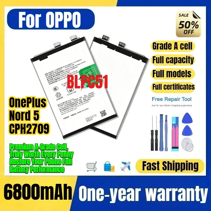 BLPC51 for OPPO OnePlus Nord 5/CPH2709 Phone Battery 0 Cycle High Capacity Battery Replacement Bateria Grade A Cell with Tools