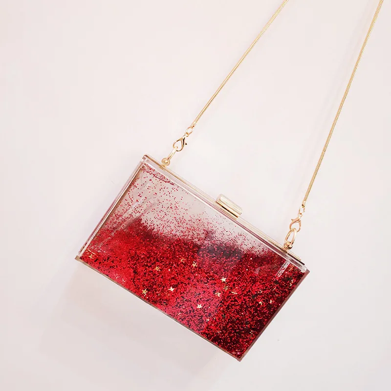 INS Red Sequined Transparent Clutch Women Pvc Box Bag Women Party Evening Purse Shoulder Bags Hard Day Clutches Bags Wedding New