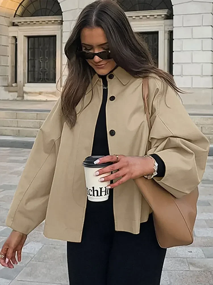 Khaki Single Breasted Lapel Short Windbreaker Women Casual  Long Sleeved Crop Thin Loose Coat Autumn Female New Street Outerwear