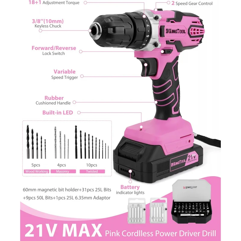 267-Piece Tool Kit Set - Pink  Set with 21V Crodless Power Drill Driver
