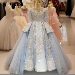 Jill Wish Luxury Arabic Blue Quinceanera Dresses Beaded Pearls Dubai Princess Ball Gown for Kids Birthday Wedding Party J079