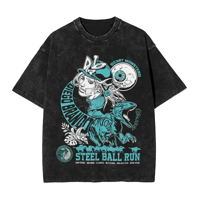 

JJBA Anime Novelty Tops Streetwear Printed Tees JoJo'S Bizarre Adventure Diego Brando T Shirts Hip Hop Washed Oversize T-Shirts
