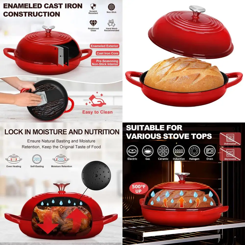 

Enameled 6-Quart Cast Iron Dutch Oven for Sourdough, Tall Dome Lid, Non-stick, Even Heat, Red