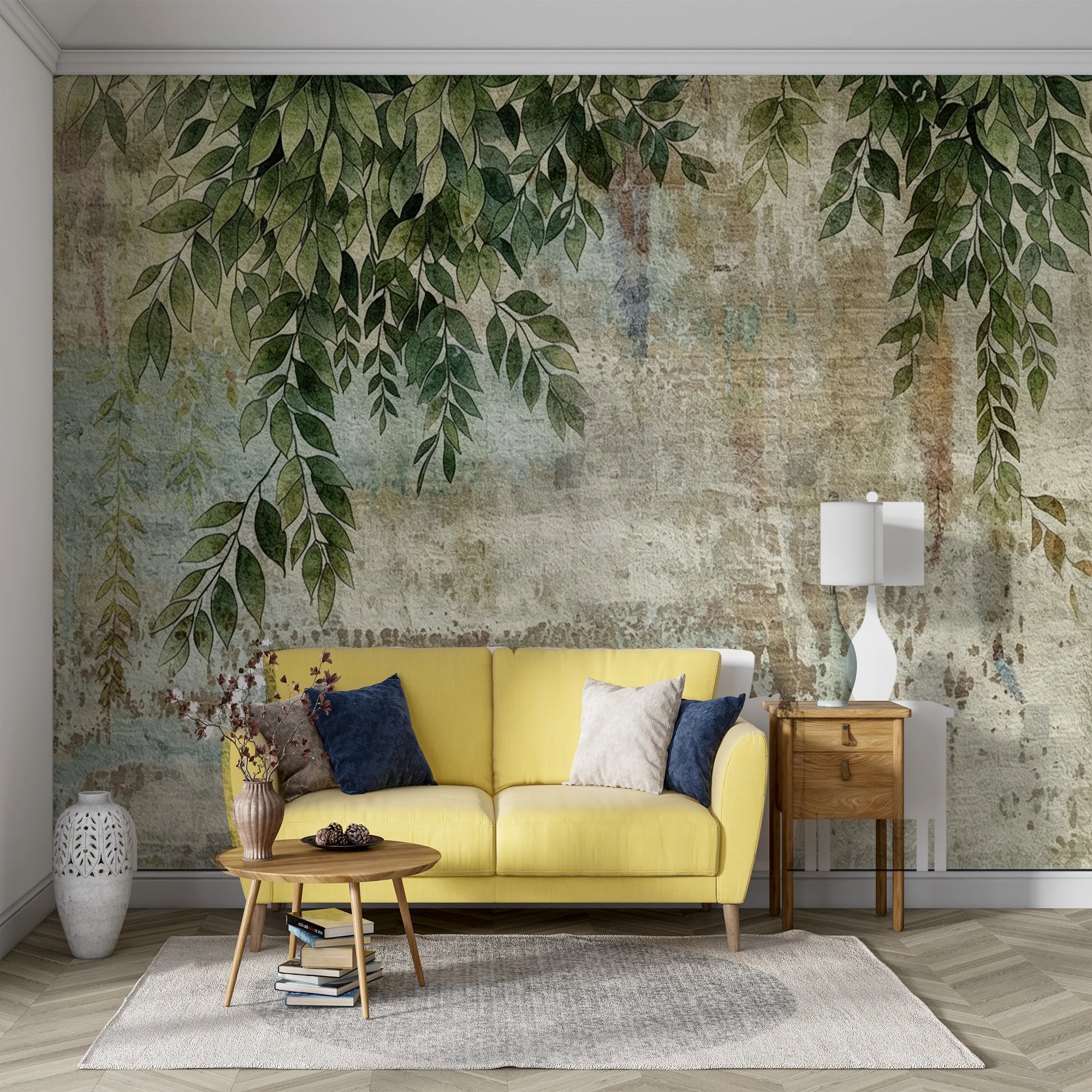 Custom Vintage Distressed Wall Mural Green Leaves Hanging Branch Botanical Texture Wallpaper for Living Room Bedroom Home Decor