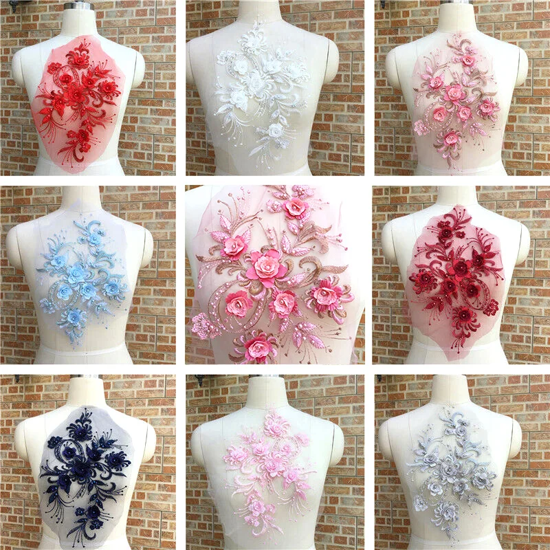 1Pcs 3D Flower Lace Fabric Beads Rhinestone Embroidered Gown Appliques Sew Patches for Wedding Dress Decor DIY Sewing Accessory