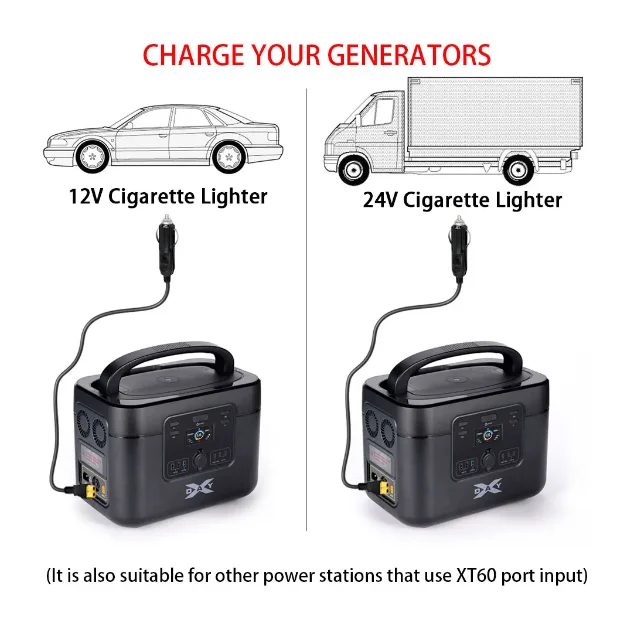 Car Cigarette Lighter Male to XT60 Female Compatible 12V 24V 20A Charging Cable Portable Outdoor Battery Connector