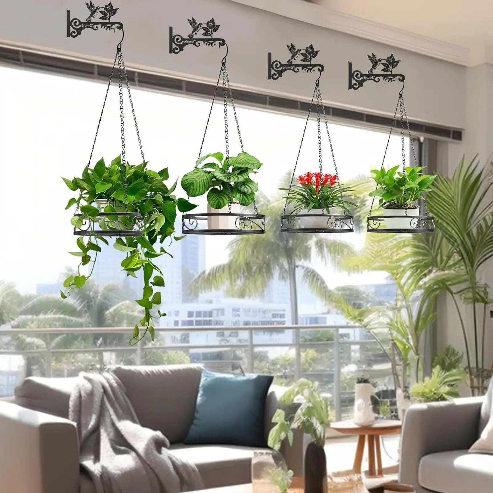 Plant Wall Hanger 2 Pieces Planter Hooks 10 Inch Metal Rack Wall Mounted With Bird Flower Design For Patio Lantern Wind Chime