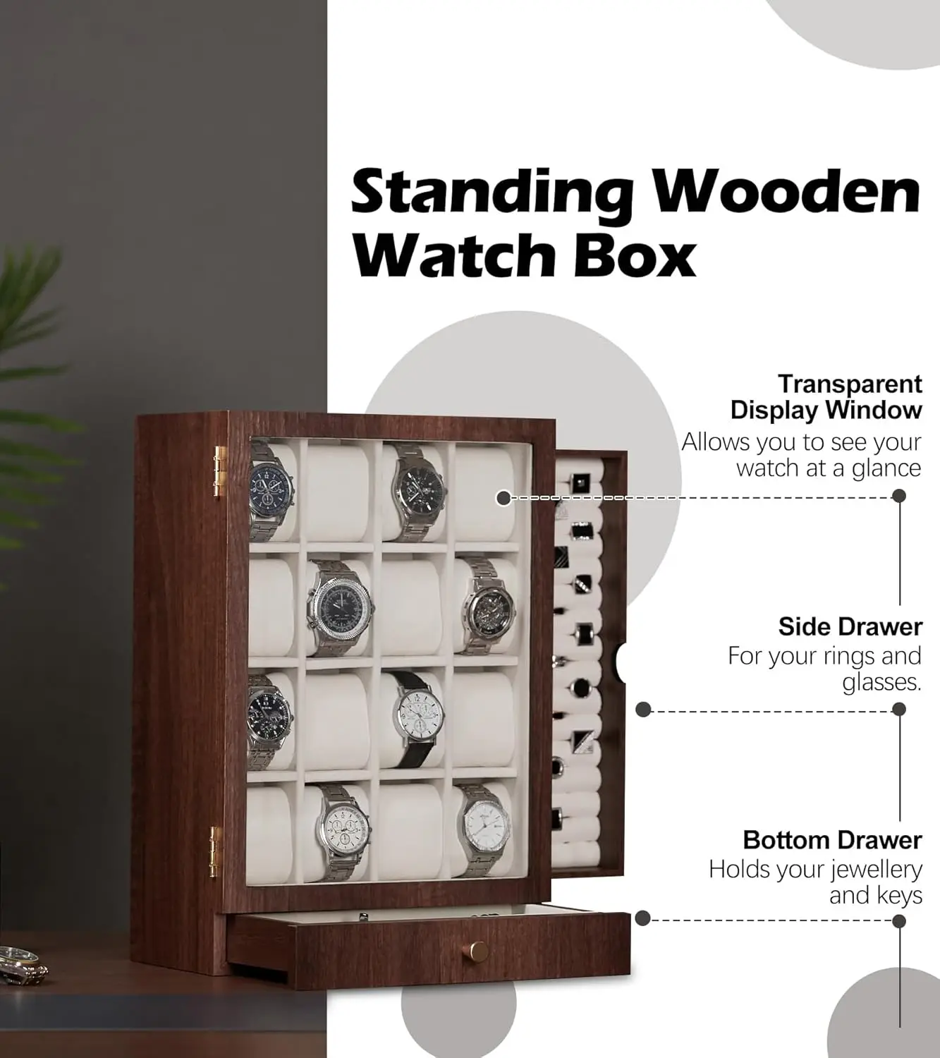 Watch Box Wooden Display: Large Wood Storage for Men's Nightstand - Timeless Home Organizer (L Size)