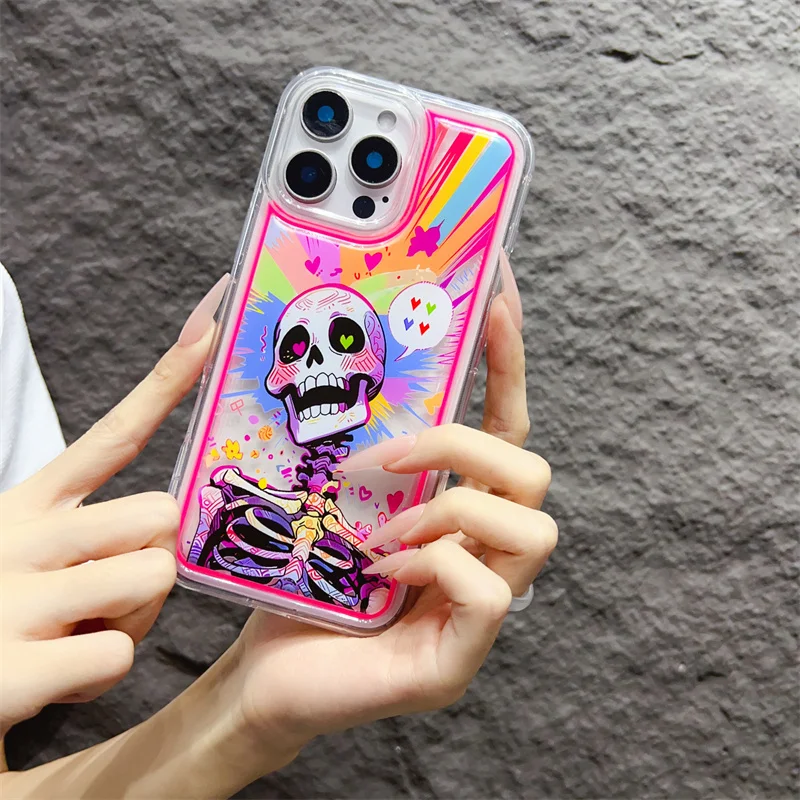 Halloween Skeleton LOVE noctilucent Phone Case for iPhone X XS XR 11 12 13 14 15 16 Pro Max Plus Luminous Human bones Cover