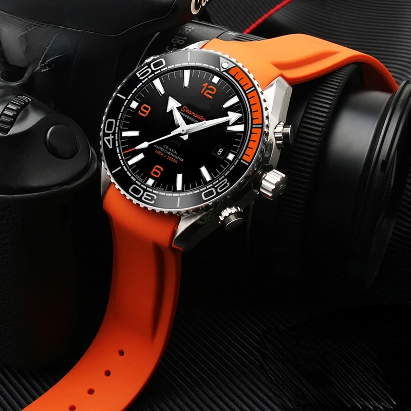 ل أوميغا ساماستر 300 Speedmaster سيليكون حزام العلامة التجارية الأزرق البرتقالي 20 22 مللي متر منحني نهاية هاملتون المطاط للطي مشبك حزام الساعات
