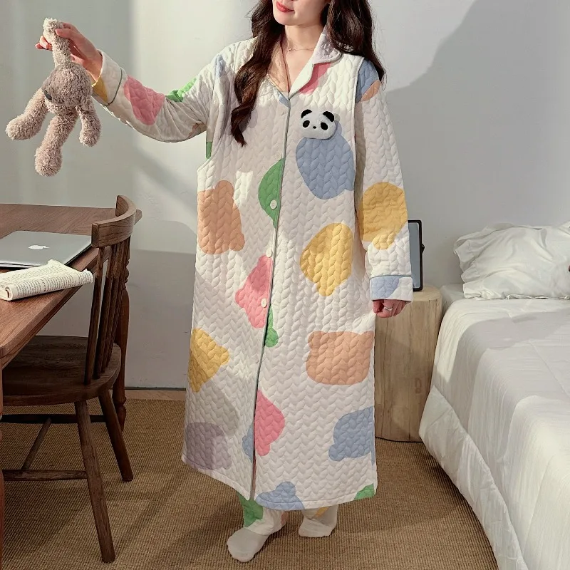 Winter Maternity Pajamas Pregnancy Women Korean Print Side Open Feeding Cardigan Nightgown Loose Postpartum Breastfeeding Dress