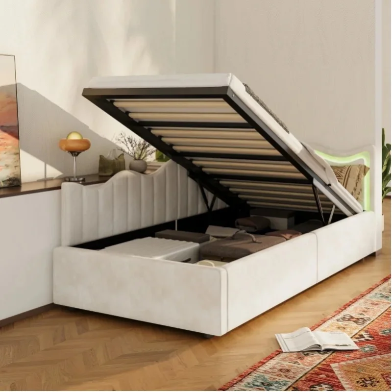 Einzelbett, gepolstert, 90 x 200 cm, Schlafsofa mit hydraulischem Stauraum, Tagesbett mit LED-Beleuchtung, Gästebett, Jugendbett mit Lattenrost, Leinen, ohne Matratze (Beige-Weiß, 90 x 200 cm)