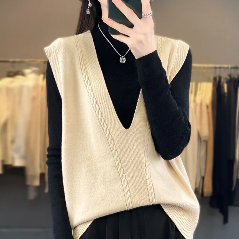 

Sleeveless Knitted Vest Women Spring Autumn Fashion Deep V-Neck Solid Color Sweater Daily Commute Loose Comfortable Tops Mujer