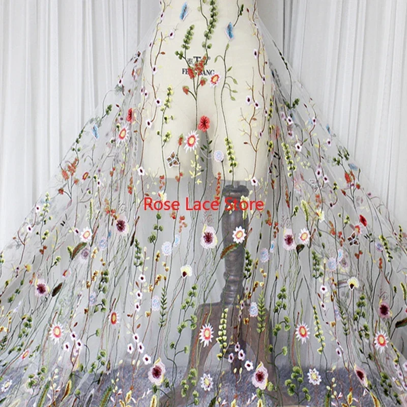 Красочная кружевная ткань с цветочной вышивкой, винтажная сетчатая тюлевая ткань с цветочным принтом для платья подружки невесты, халата для выпускного вечера, вечернего платья