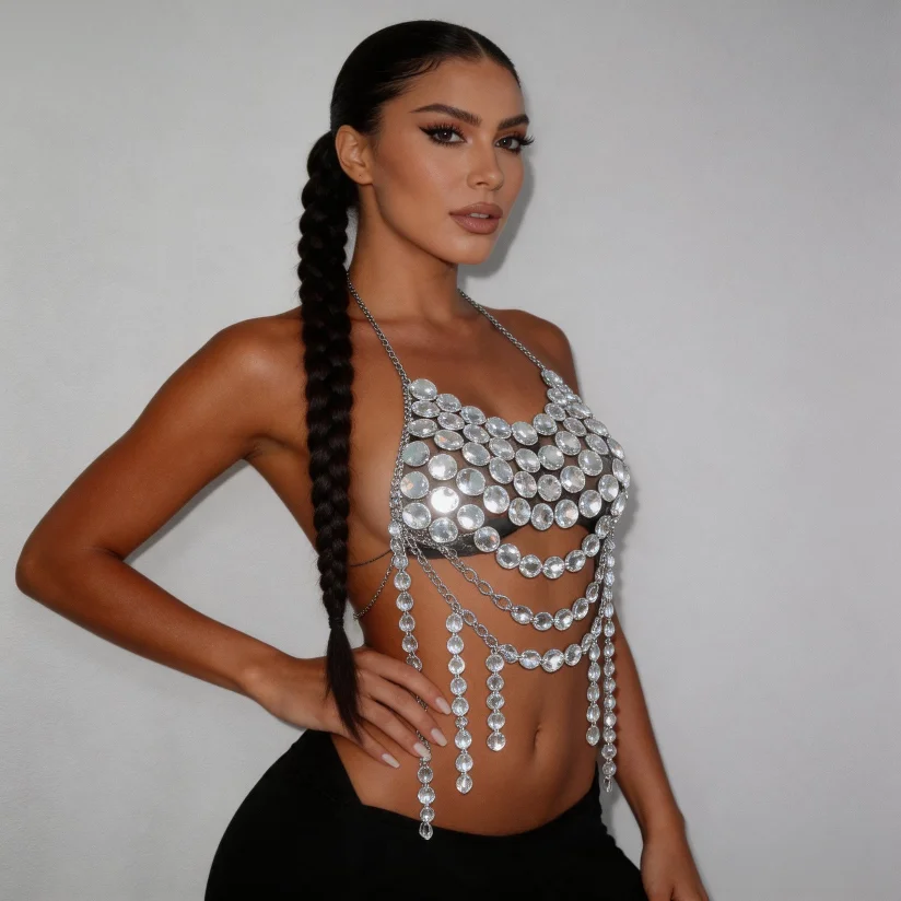 AKYZO European And American Acrylic Gemstone Tassel Splicing Vest Nightclub Hot Girl Performance Dress Sexy Strap