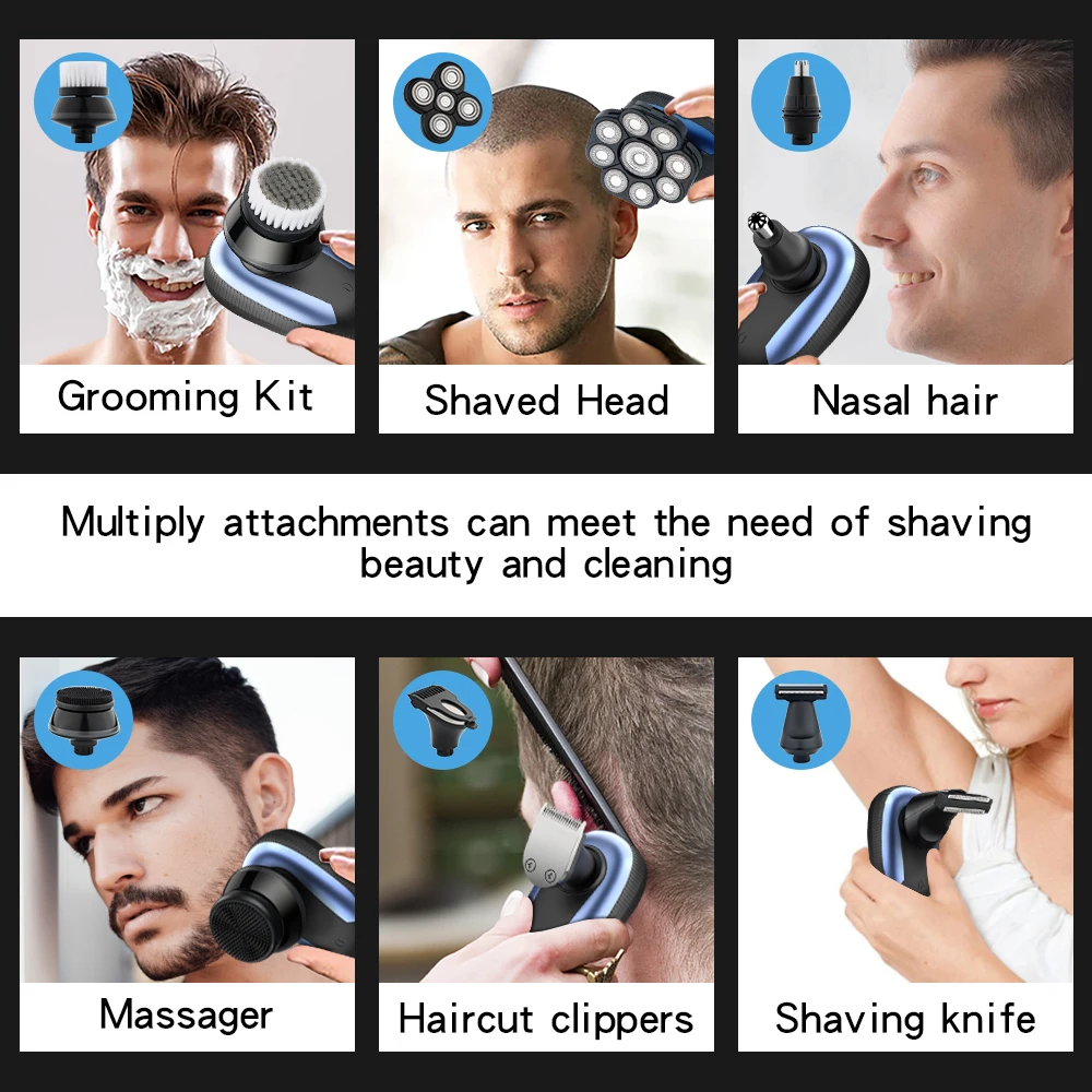 2022 Men's Electric Shaver 6 In 1 Floating 9 Heads Usb Rechargeable Waterproof Razor Nose Hair Trimmer Bald Head Shaver Machine