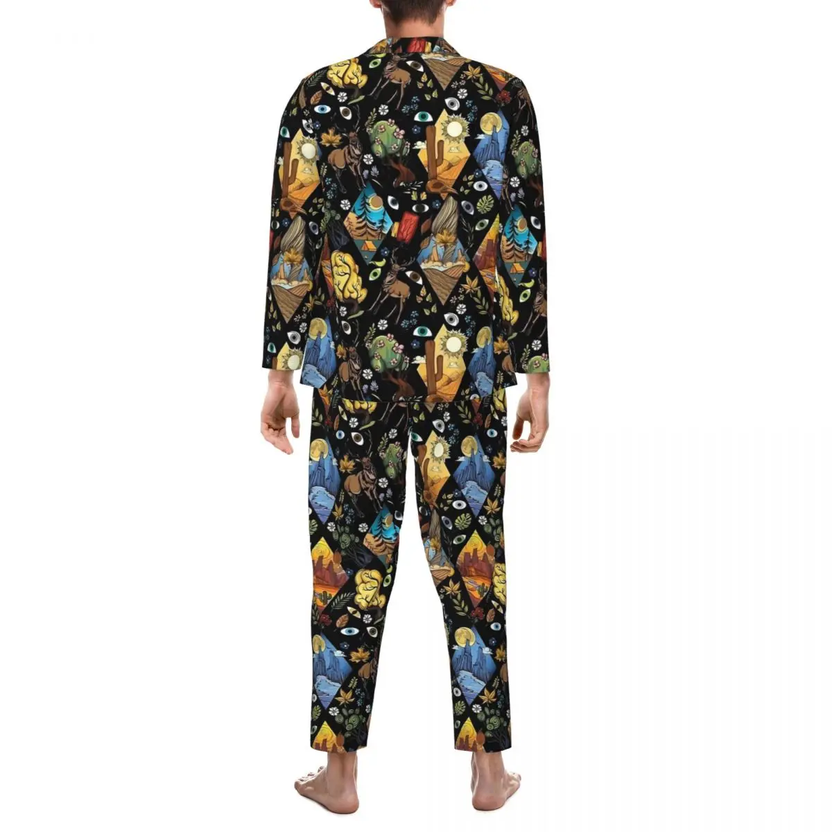 Mountain Camp With Evil Eye Sleepwear Spring Casual Loose Oversized Pajama Sets Men Long Sleeves Soft Sleep Design Nightwear