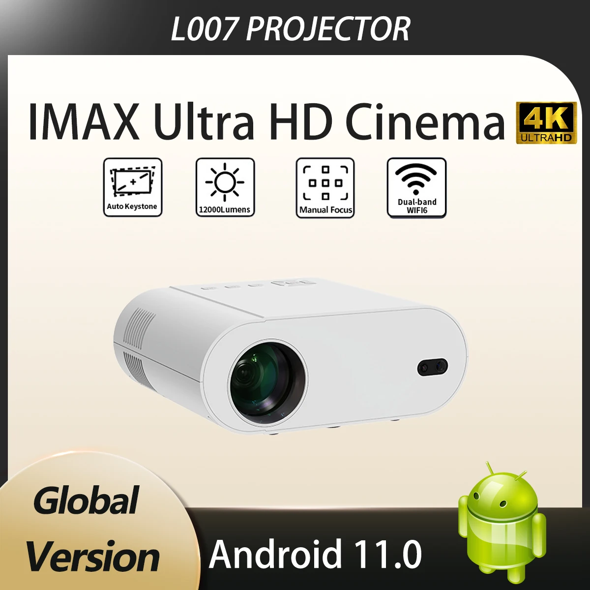 Projetor 4K 1080P Full HD Portable Projector Android 11.0 WiFi6 12000 Lumens 1G+8G Home Theater Auto Keystone Electronic Focus