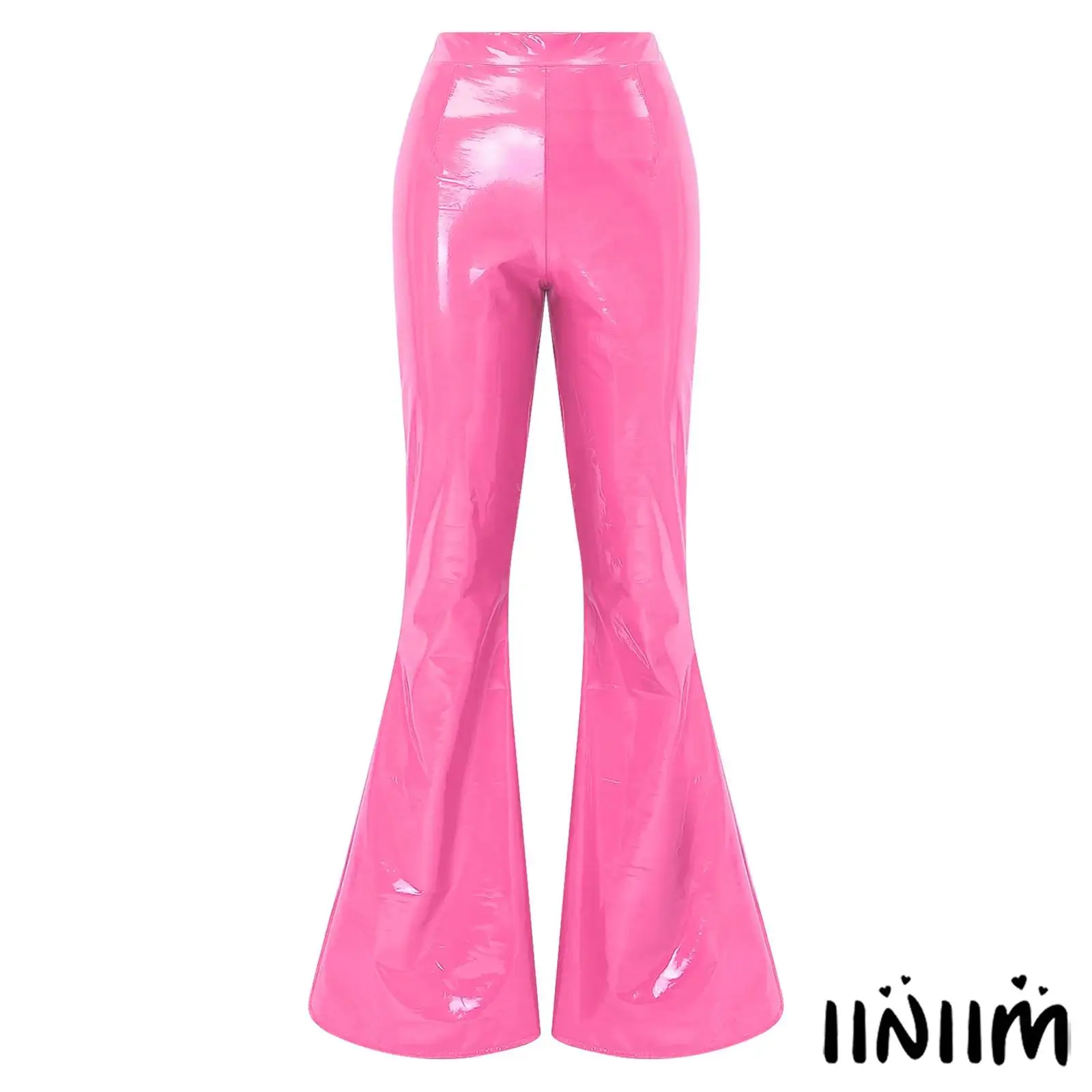Women Glossy PU Leather Flared Pants High Waist Back Ruched V-shaped Bell Bottom Long Pants Wet Look Trousers for Nightclub