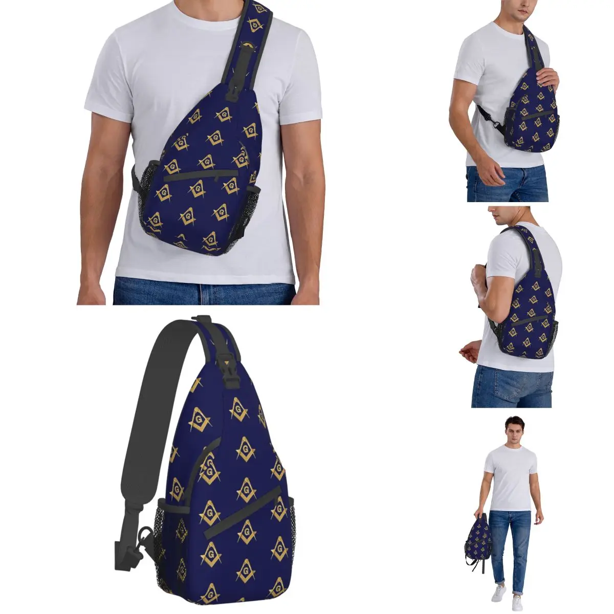 Freemason Gold Blue Square Crossbody Sling Bag Casual Peito Bag Mochila de Ombro Maçônico para Caminhadas Viagem Ciclismo