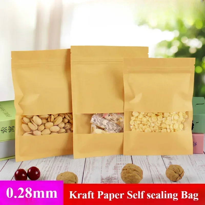 

50pcs Clear Window Kraft Paper Self Sealing Bag Thickening Flat Bottomed Zipper Bags Snacks Subpackage Storage Packaging Bag