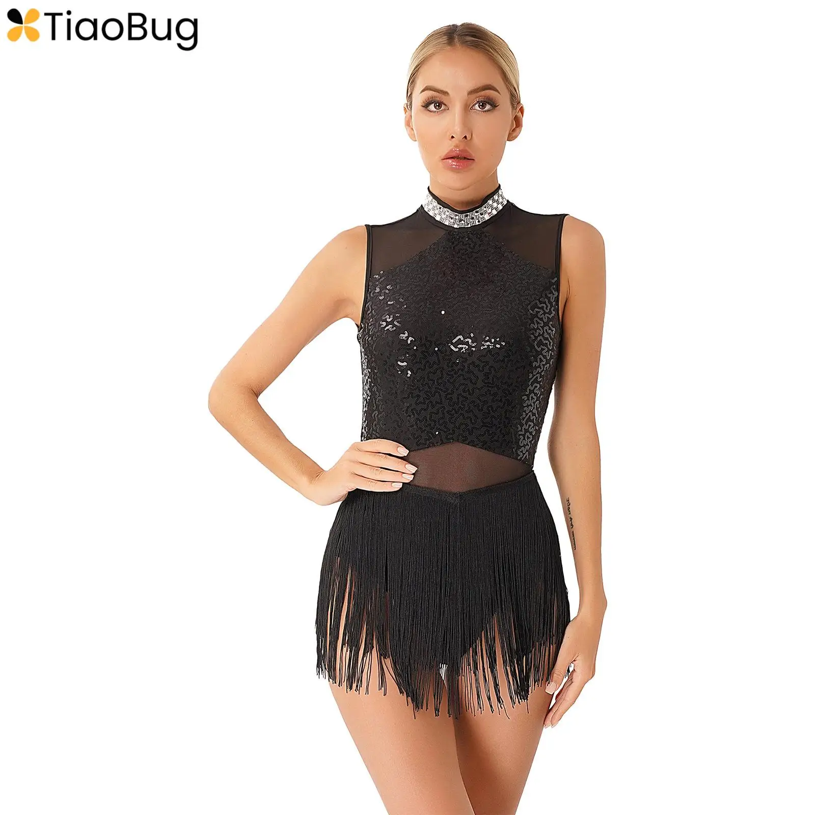 

Womens Glittery Sequined Fringed Latin Dance Dress Mesh Patchwork Tutu Leotard Tango Rumba Cha-Cha Samba Performance Costume