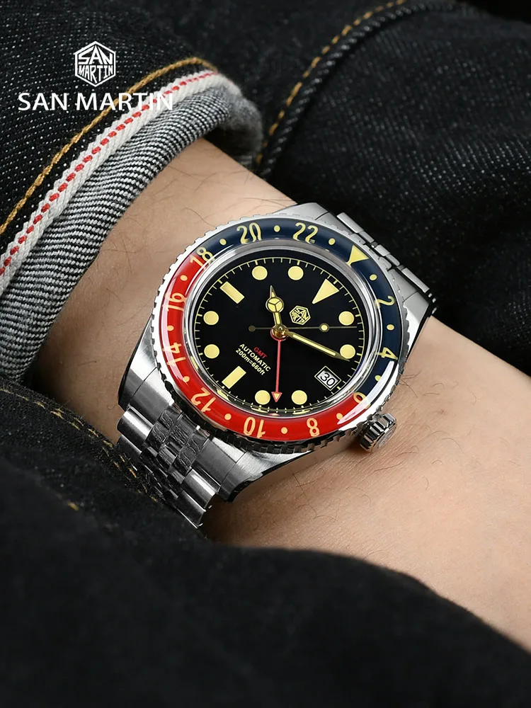 San Martin NH34 40 мм GMT Роскошный спортивный стиль полностью светящийся двунаправленный сапфировый безель автоматические механические часы 20 бар SN0005