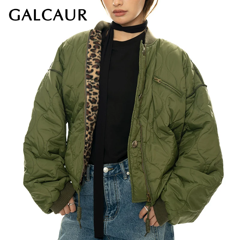 

GALCAUR Solid Spliced Zipper Loose Coats For Women Stand Collar Long Sleeve Patchwork Button Minimalist Warm Jacket Female New