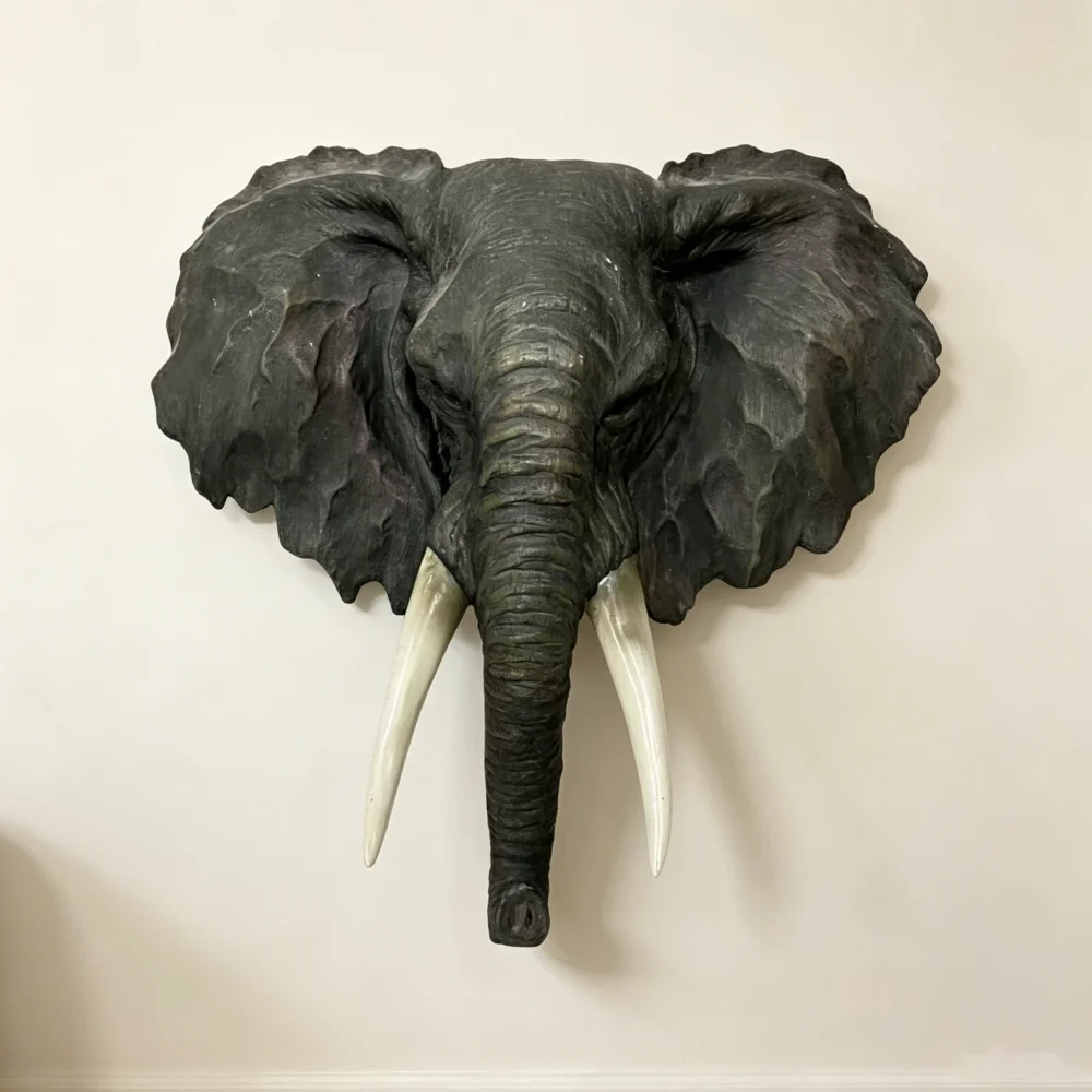 Resin African Elephant Head Wall Sculpture, 15.75 Inch Wide Realistic Elephant Bust Wall Decor, Vintage Animal Wall Art Ornament for Home Living Room Decoration