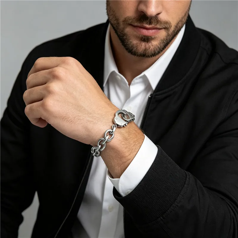 Kalen Edelstahl-Handschellen-Armband für Männer, Punk-Stil, Polierte Ovale Kette, Rock-Biker-Party-Schmuck, Geburtstagsgeschenk – Detail 3