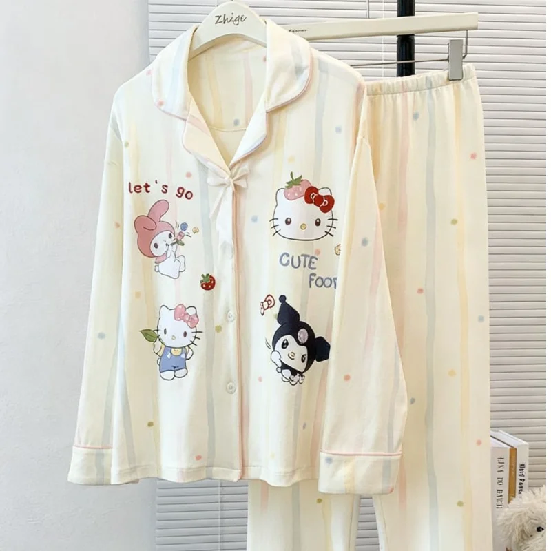 

Женские роскошные пижамы Sanrio Hello Kitty, милый мультяшный дизайн, студенческая одежда для сна, с длинными рукавами и брюками, осенний комплект для дома и отдыха