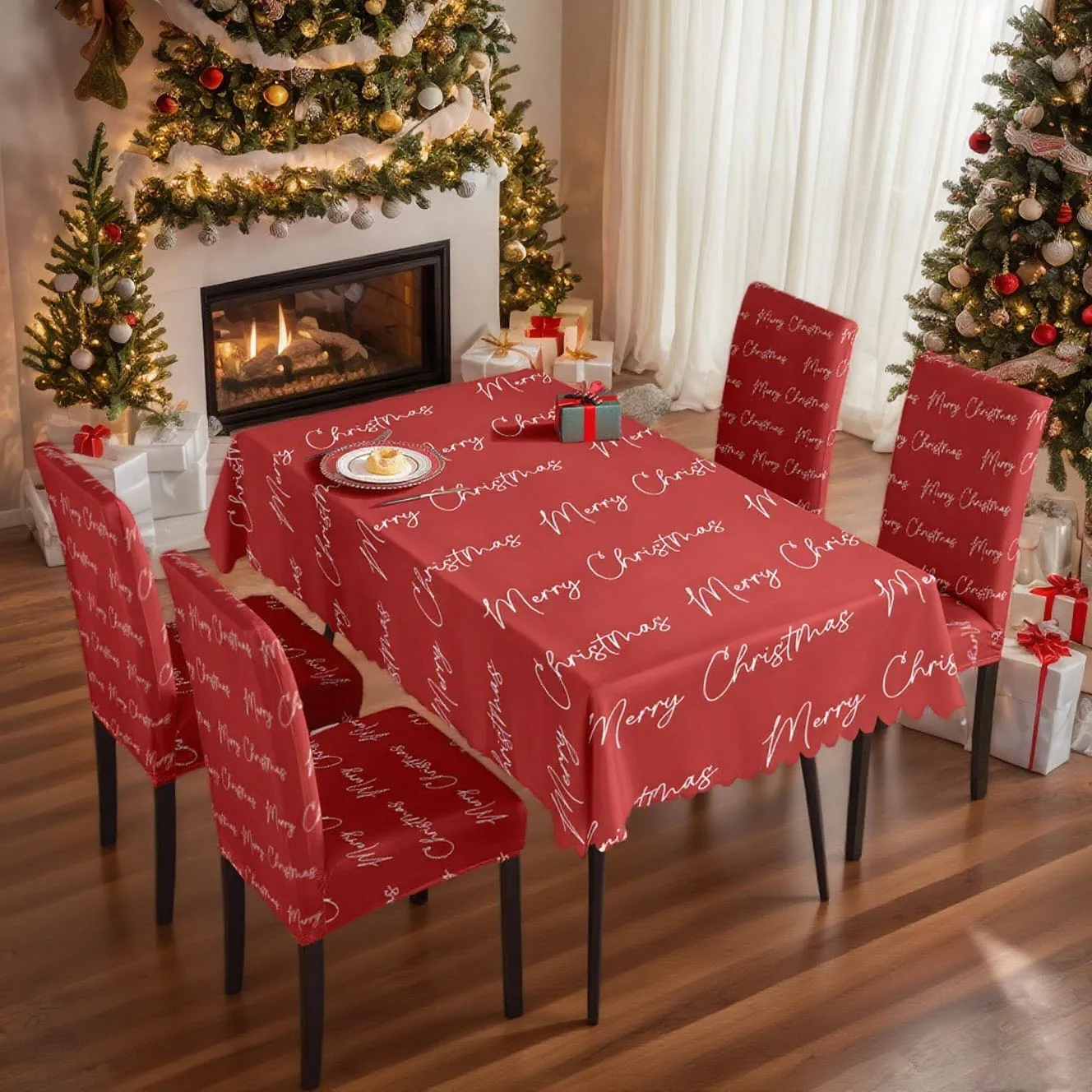 

5/7pcs Festive Red Christmas Tablecloth Chair Slipcover Set with "Merry Christmas" Script, Minimalist Dining Decor