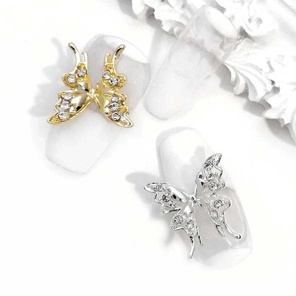 10Pcs Alloy Butterfly Wings Nail Parts Metal Half Butterfly Nail Art Charms Gold/Silver Hollow 3D Diamond Crystals Decorations