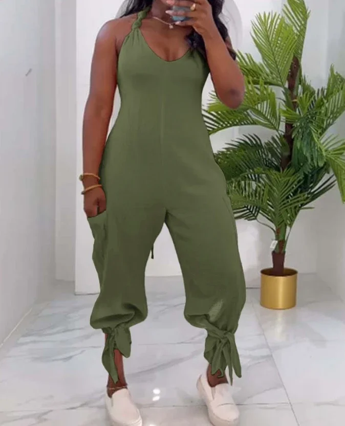 CPSYMYM Jumpsuit ผู้หญิงฤดูร้อน Halter Backless ผูกรายละเอียดการออกแบบกระเป๋าสบายๆแขนกุดทุกวันขากว้าง Jumpsuit