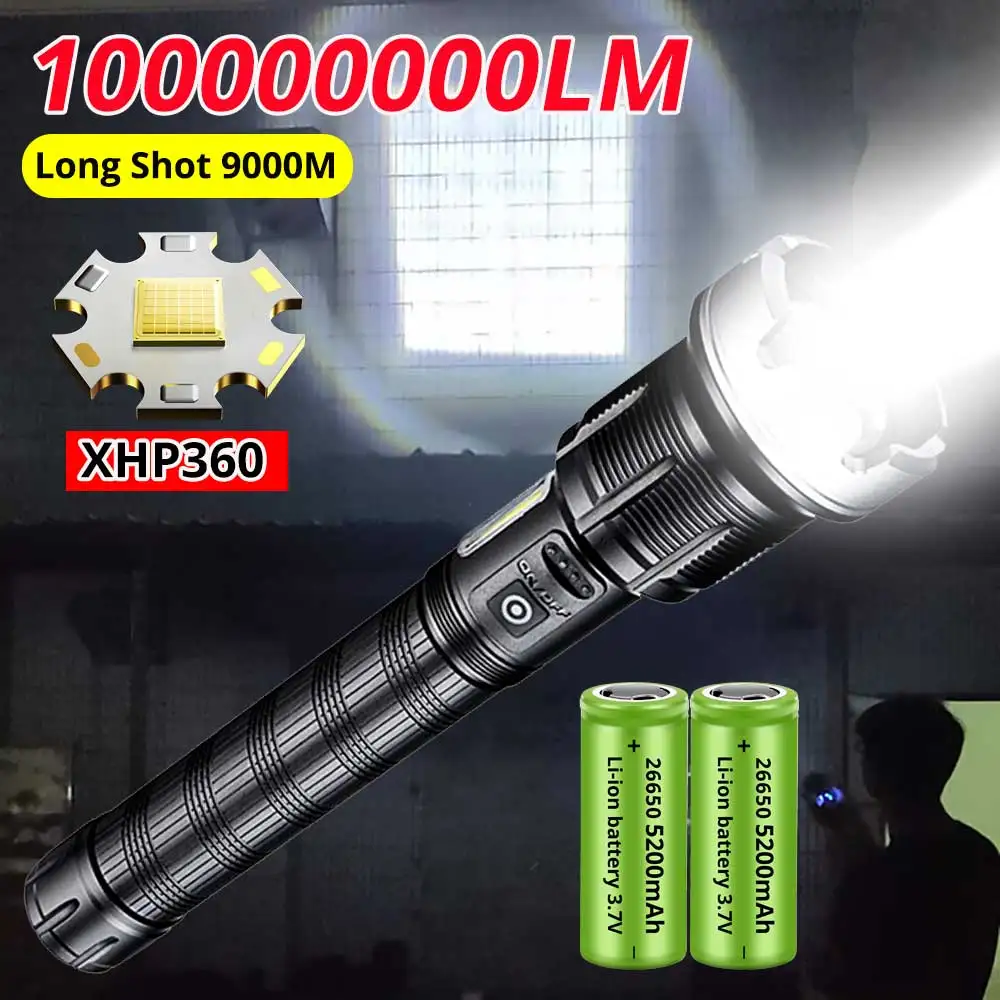 Potente linterna LED recargable, luz de Flash táctica, Zoom usb, linterna de caza, impermeable, tiro largo de 9000m, 100000000LM, XHP360