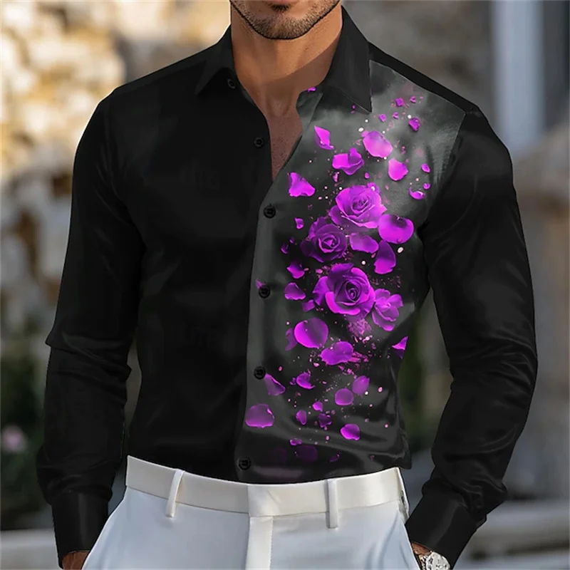 Men's rose flower formal shirt fashion casual wedding holiday evening party summer spring lapel shirt yellow red blue purple