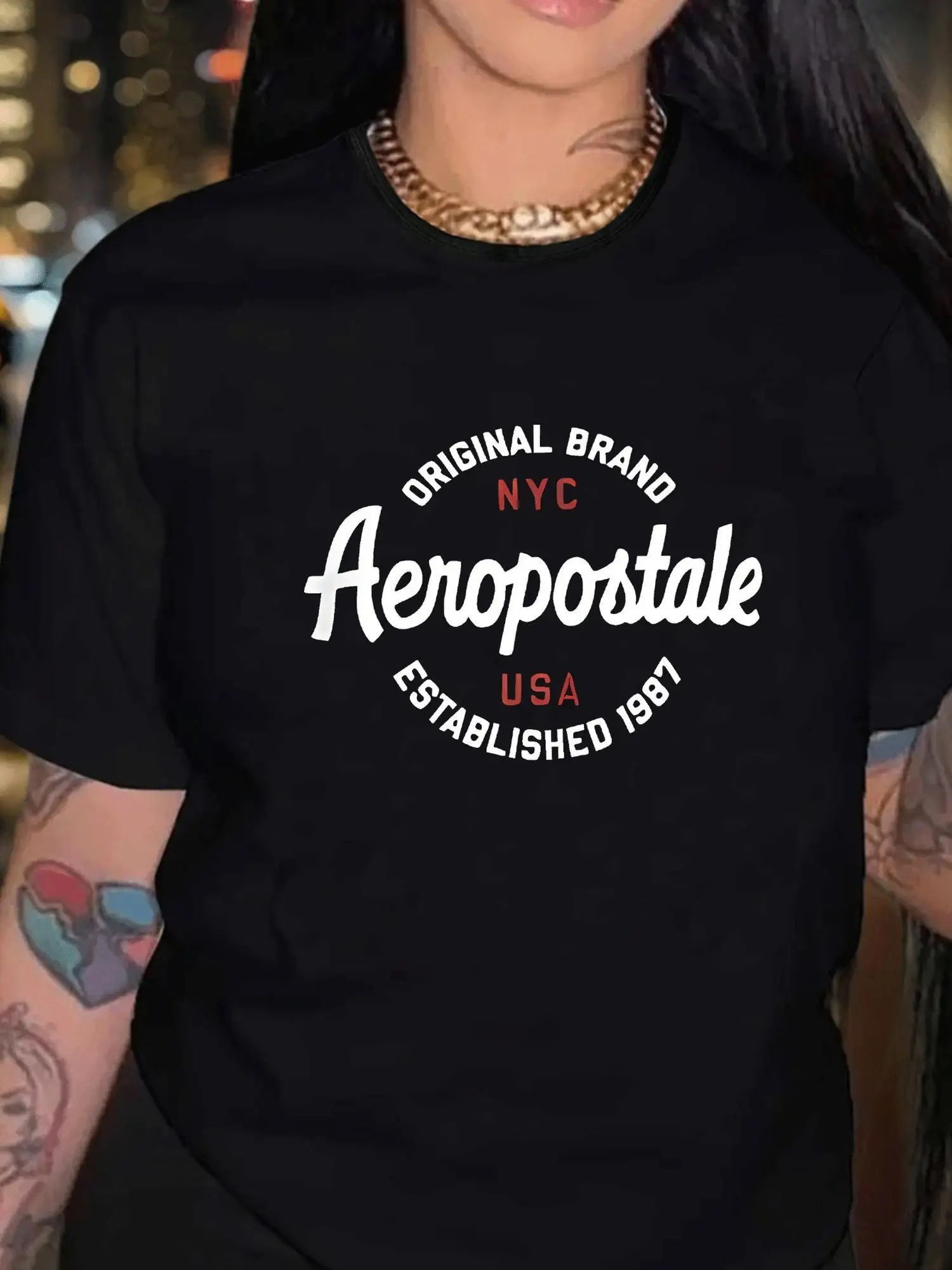 Round Light Brown with Red & White Printed Women's T-shirt Fit for Summer Casual  Aeropostale NYC Female Short Sleeve Tops Tees