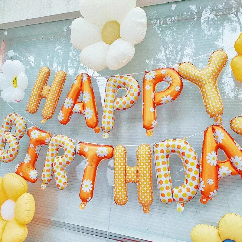 16Inch Happy Birthday Aluminum Balloons Daisy Celebrate Born Orange Baloon 13 Letter Sunflower Foil Balloon Set Party Decoration