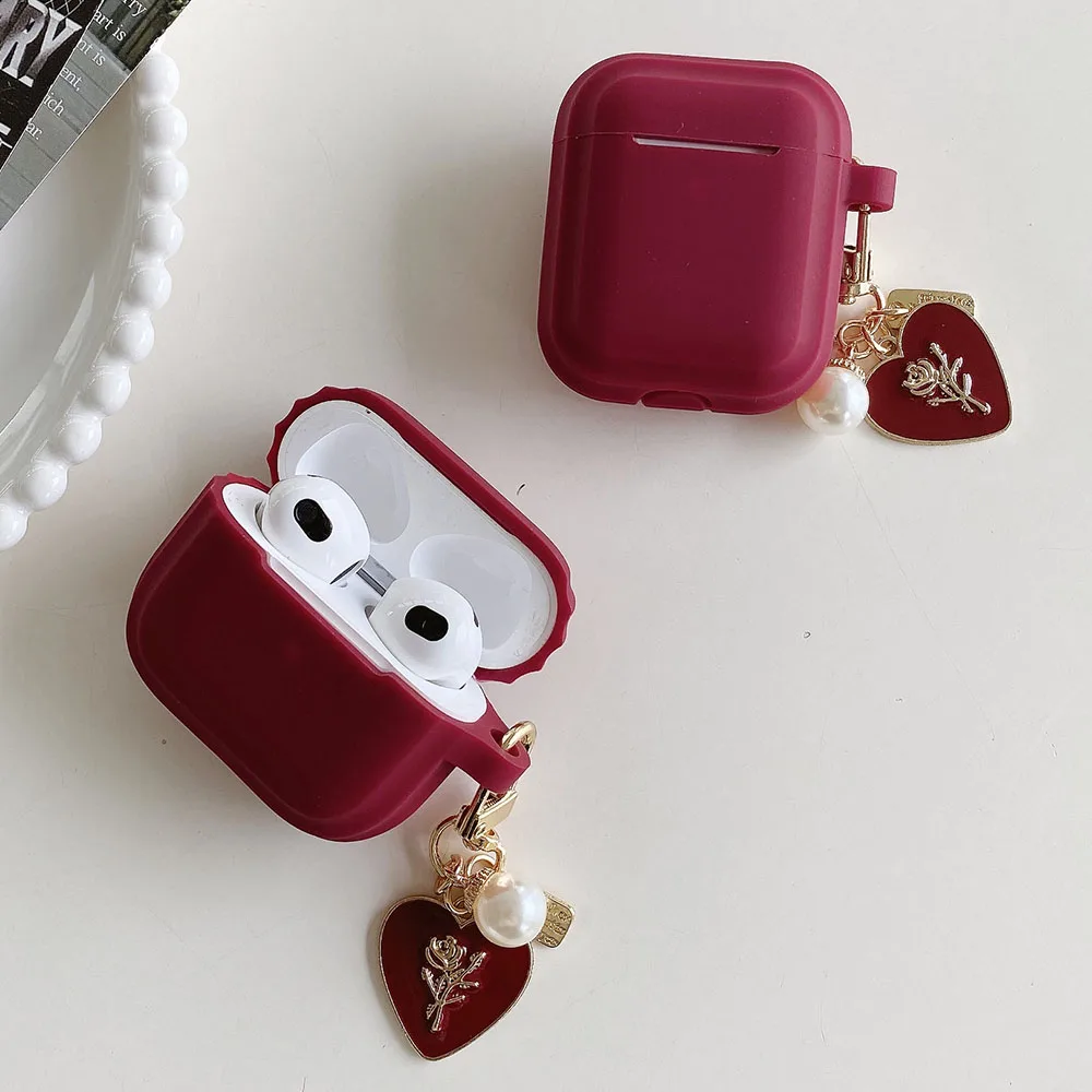 Vintage Wine Red Silicone Earphone Case For Apple Airpods 1 2 3 4 Pro 2nd Headset Box Cover With Rose Love Heart Pearl Pendant