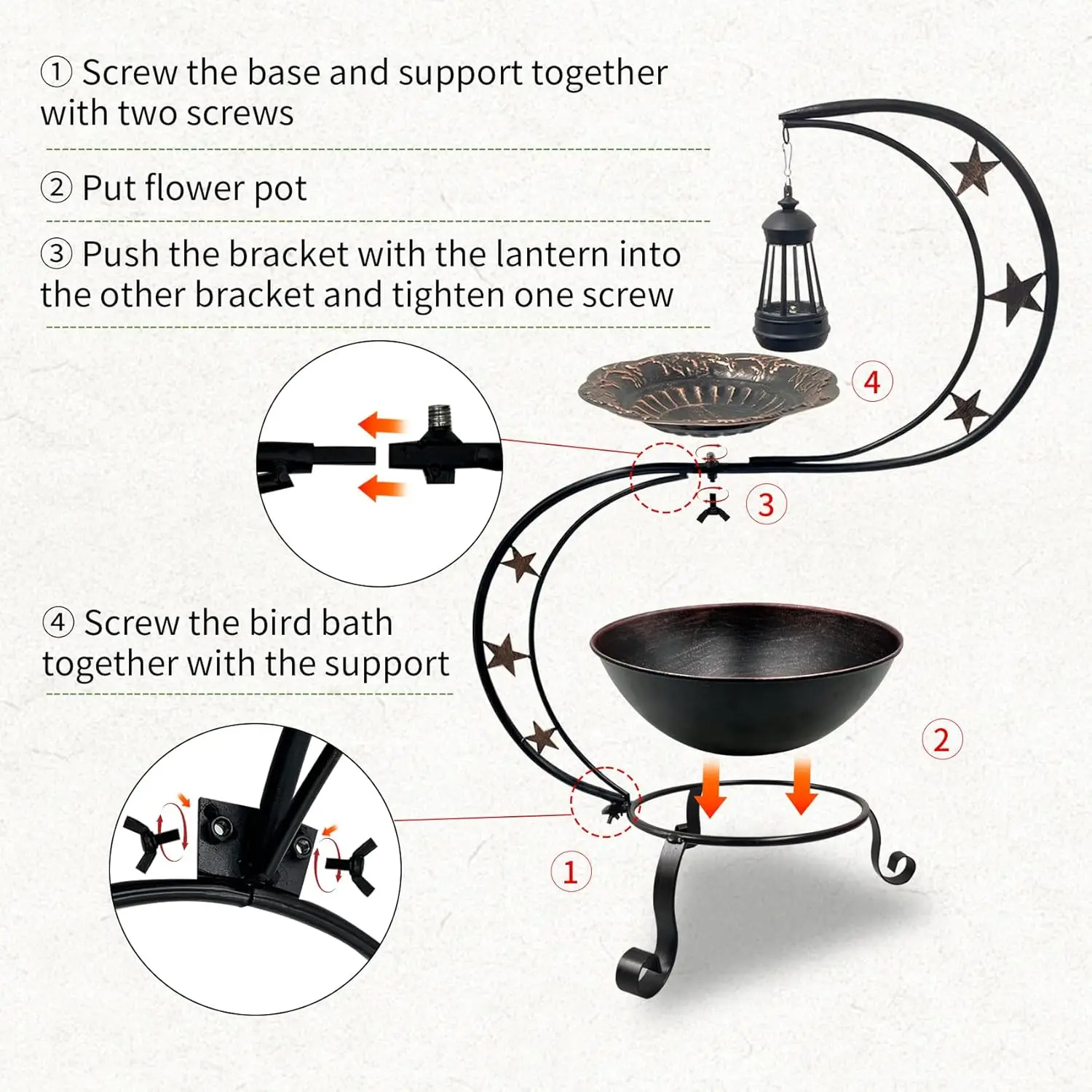 Solar-Powered Vintage Metal Bird Bath with Flower Planter for Garden Yard Decor