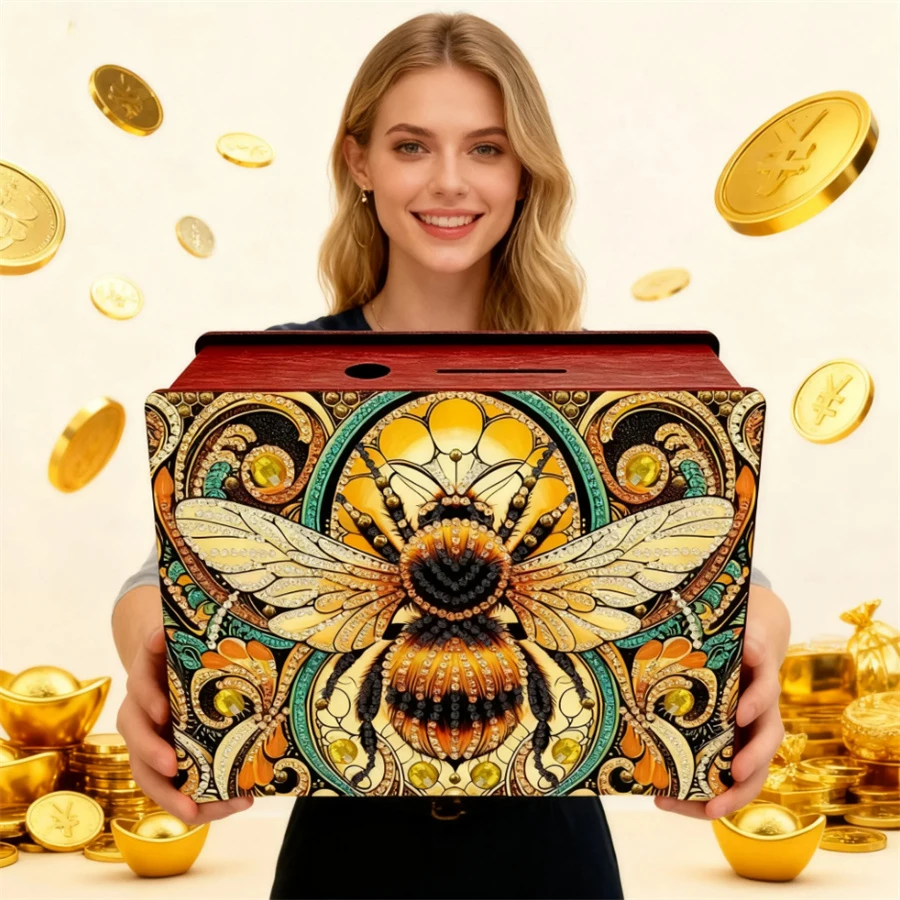 

Bee Flowers Rhinestones Desktop Ornaments DIY Money Storage Box Diamond Art Decors Diamond Painting Change Holder Case Decors