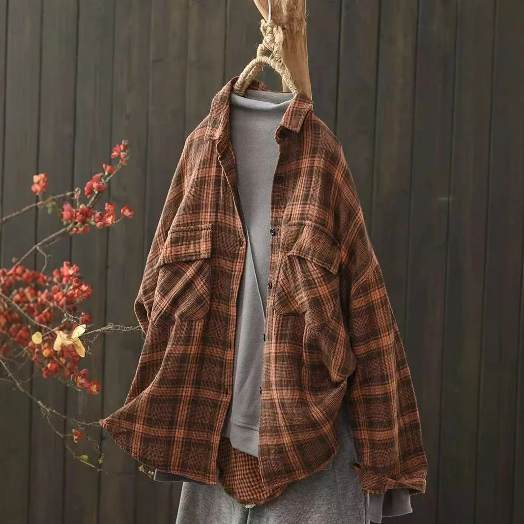 بلوزة نسائية كاجوال بأكمام طويلة وأزرار لأعلى منقوشة بطبقة مزدوجة من غزل القطن بألوان متباينة للخريف ملابس يومية فضفاضة