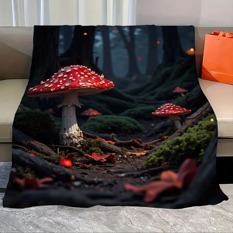 

1pc Flannel Blanket Enchanted Forest Blanket with Red Mushroom and Glowing Lights Design