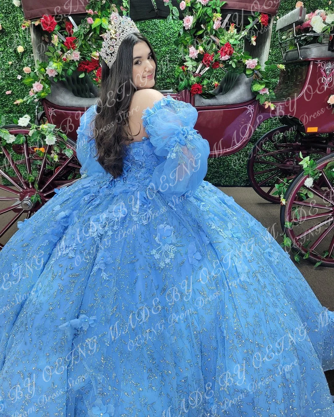 OEING Shiny Blue Tulle Quinceanera Dresses Sweetheart Beads Applique Lace Ball Gown Sweet Puff Sleeves Gowns Vestidos De 15