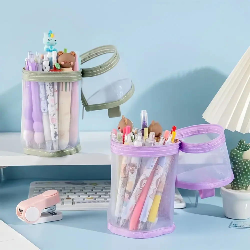 Simple Mesh Pen Holder Pen Bag Dual-purpose Cylindrical Pencil Case Transparent Large Capacity Stationery Bag Gift