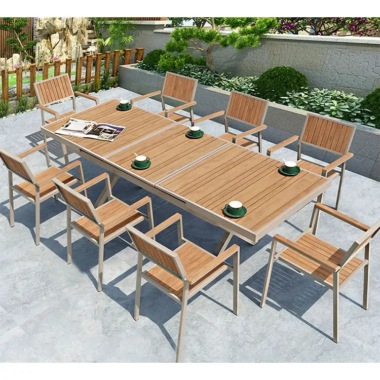 Outdoor waterproof metal frame plastic wood cafe catering barbecue balcony courtyard garden chair table set